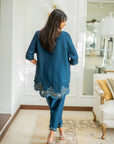 Khushboo & Pankaj Women Teal Blue Embroidered Co-ord Set with Tulip Pants