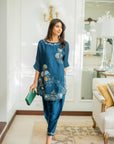 Khushboo & Pankaj Women Teal Blue Embroidered Co-ord Set with Tulip Pants