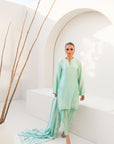 Khushboo & Pankaj Women Aqua Blue Embroidered Silk Suit Set with Tulip Pants