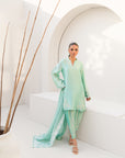 Khushboo & Pankaj Women Aqua Blue Embroidered Silk Suit Set with Tulip Pants
