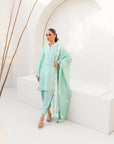 Khushboo & Pankaj Women Aqua Blue Embroidered Silk Suit Set with Tulip Pants