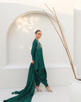 Khushboo & Pankaj Women Emerald Green Embroidered Silk Suit Set with Tulip Pants