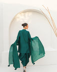 Khushboo & Pankaj Women Emerald Green Embroidered Silk Suit Set with Tulip Pants