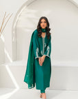 Khushboo & Pankaj Women Emerald Green Embroidered Silk Suit Set