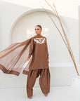 Khushboo & Pankaj Women Mocha Brown Embroidered Silk Suit Set with Farshi Salwar