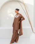 Khushboo & Pankaj Women Mocha Brown Embroidered Silk Suit Set with Farshi Salwar