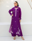 Khushboo & Pankaj Women Royal Purple Embroidered Silk Suit Set with Palazzo