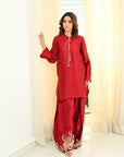 Khushboo & Pankaj Red Silk Embroidered Farshi Kurta Set