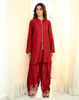 Khushboo & Pankaj Red Silk Embroidered Farshi Kurta Set