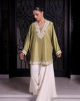 Khushboo & Pankaj Women Olive Green Embroidered Kurta Set with Farshi Salwar