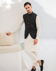 Khushboo & Pankaj Black Nehru Jacket Off-White Kurta & Salwar 3-Pc Set (SAFA)