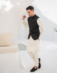 Khushboo & Pankaj Black Nehru Jacket Off-White Kurta & Salwar 3-Pc Set (SAFA)