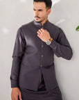 Khushboo & Pankaj Charcoal Grey Nehru Jacket Kurta & Trouser 3-Pc Set (SAFA)
