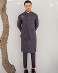 Khushboo & Pankaj Charcoal Grey Nehru Jacket Kurta & Trouser 3-Pc Set (SAFA)