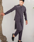 Khushboo & Pankaj Charcoal Grey Nehru Jacket Kurta & Trouser 3-Pc Set (SAFA)