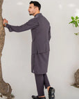 Khushboo & Pankaj Charcoal Grey Nehru Jacket Kurta & Trouser 3-Pc Set (SAFA)