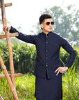 Khushboo & Pankaj Navy Blue Nehru Jacket Kurta & Trouser 3-Pc Set (SAFA)