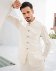 Khushboo & Pankaj Off-White Nehru Jacket Kurta & Salwar 3-Pc Set (SAFA)
