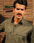 Khushboo & Pankaj Olive Green Cotton Safari Kurta & Trouser Set (SAFA Collection)