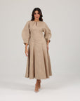 Khushboo & Pankaj Beige Linen A-Line Midi Dress