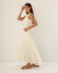 Khushboo & Pankaj Ivory Embroidered Linen A-Line Midi Dress