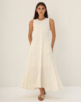 Khushboo & Pankaj Ivory Embroidered Linen A-Line Midi Dress