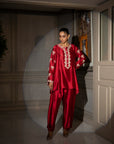 Khushboo & Pankaj Crimson Silk Embroidered Kurta Set with Tulip Pants