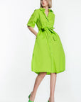 Women’s Solid Green Shirt Dress with Waist Tie