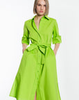 Women’s Solid Green Shirt Dress with Waist Tie