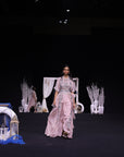 Peachy Pink Ajrakh Embroidered Blouse Paired Up With Dhoti And Ruffled Dupatta