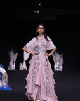 Peachy Pink Ajrakh Embroidered Blouse Paired Up With Dhoti And Ruffled Dupatta