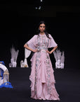 Peachy Pink Ajrakh Embroidered Blouse Paired Up With Dhoti And Ruffled Dupatta
