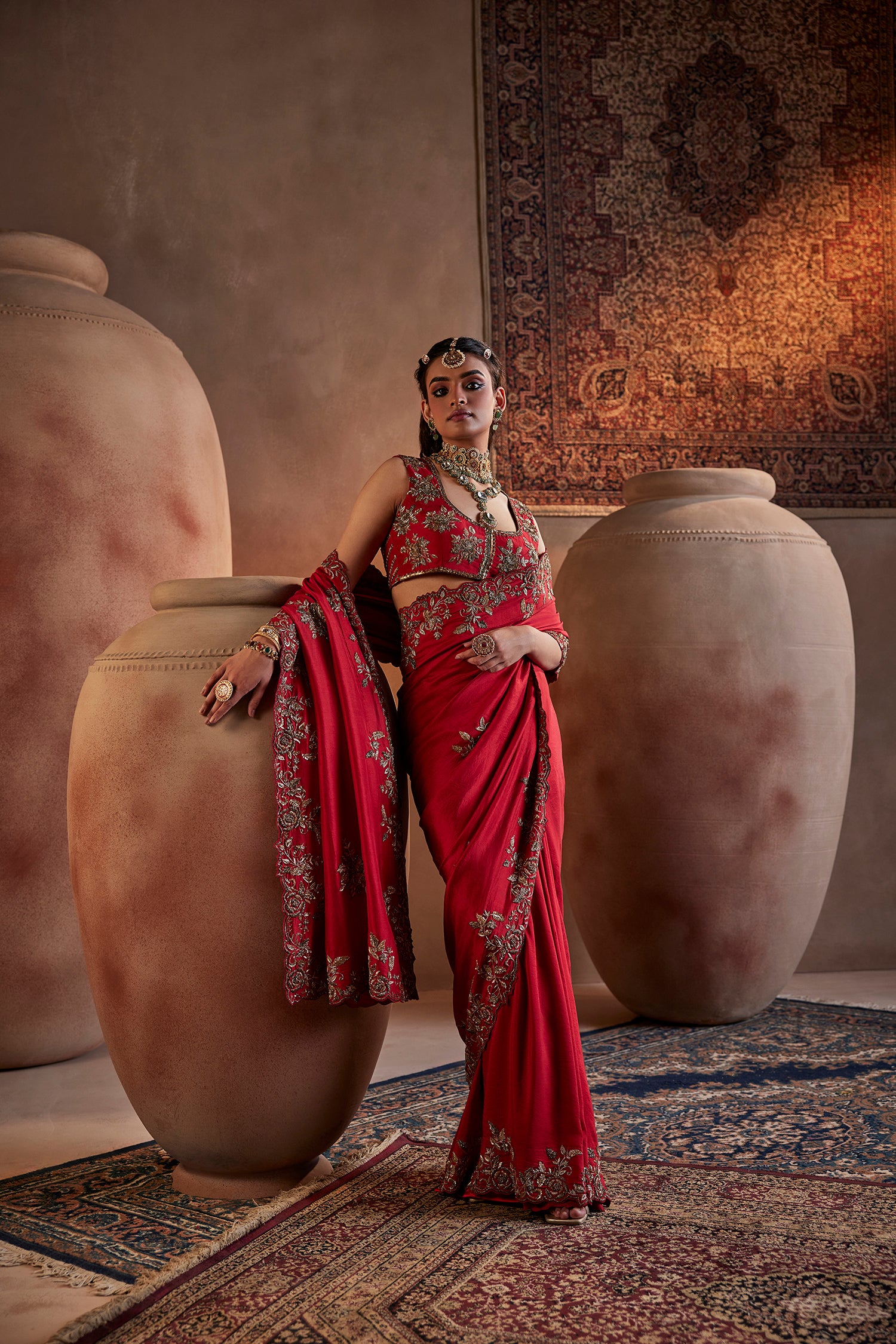 Dark Red Hand Embroidered Silk Saree