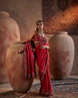 Dark Red Hand Embroidered Silk Saree