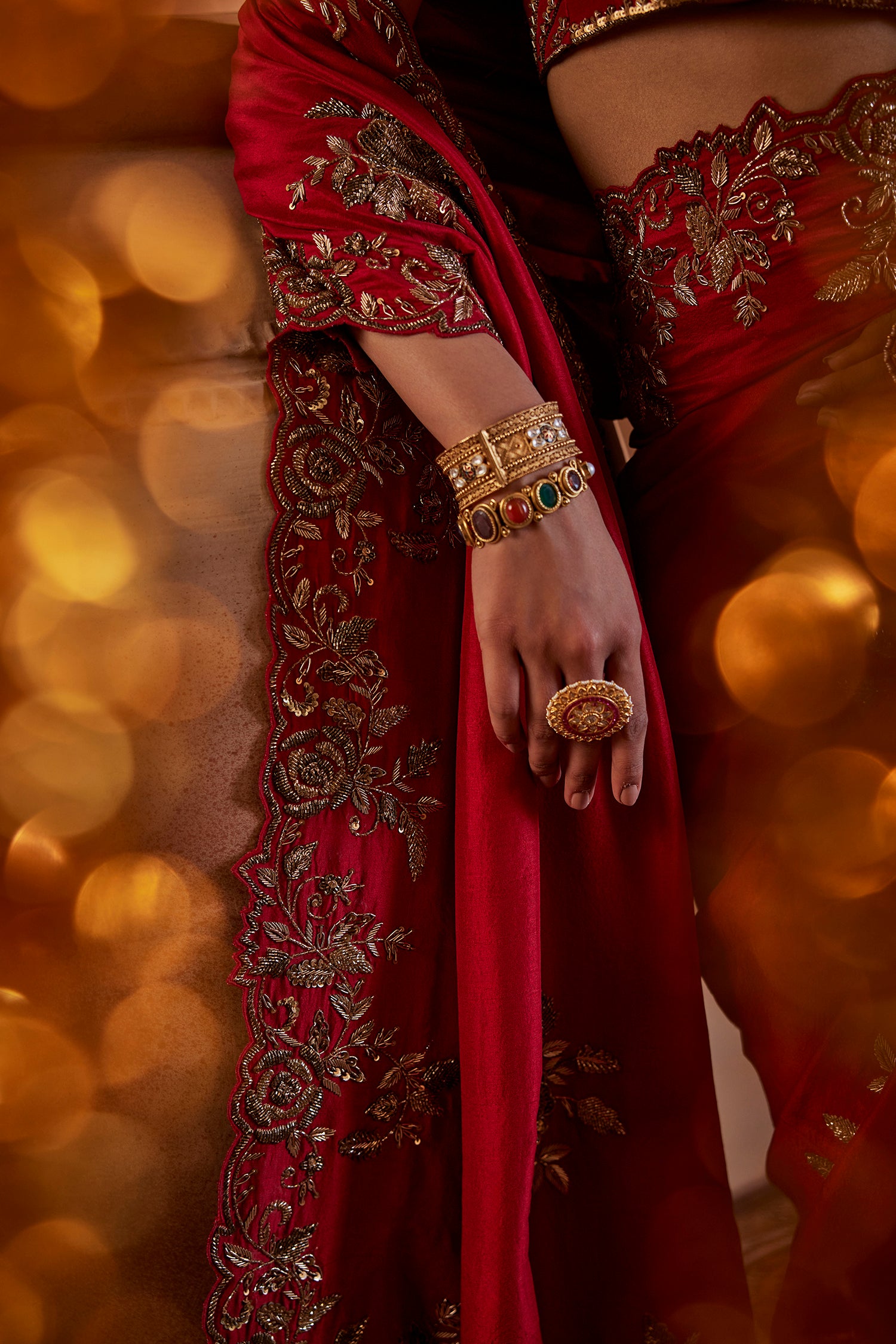 Dark Red Hand Embroidered Silk Saree