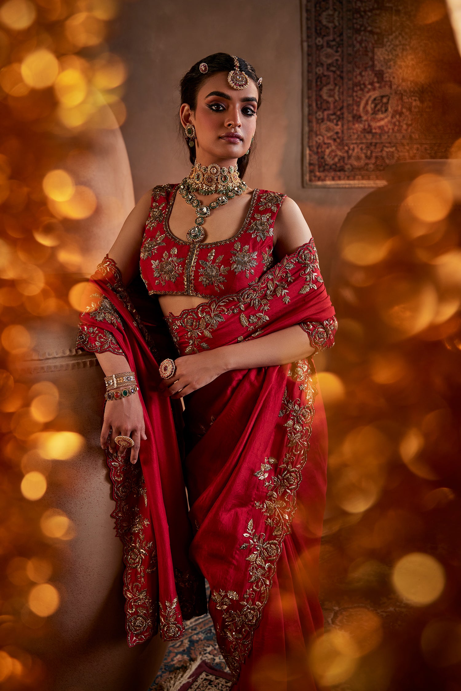 Dark Red Hand Embroidered Silk Saree