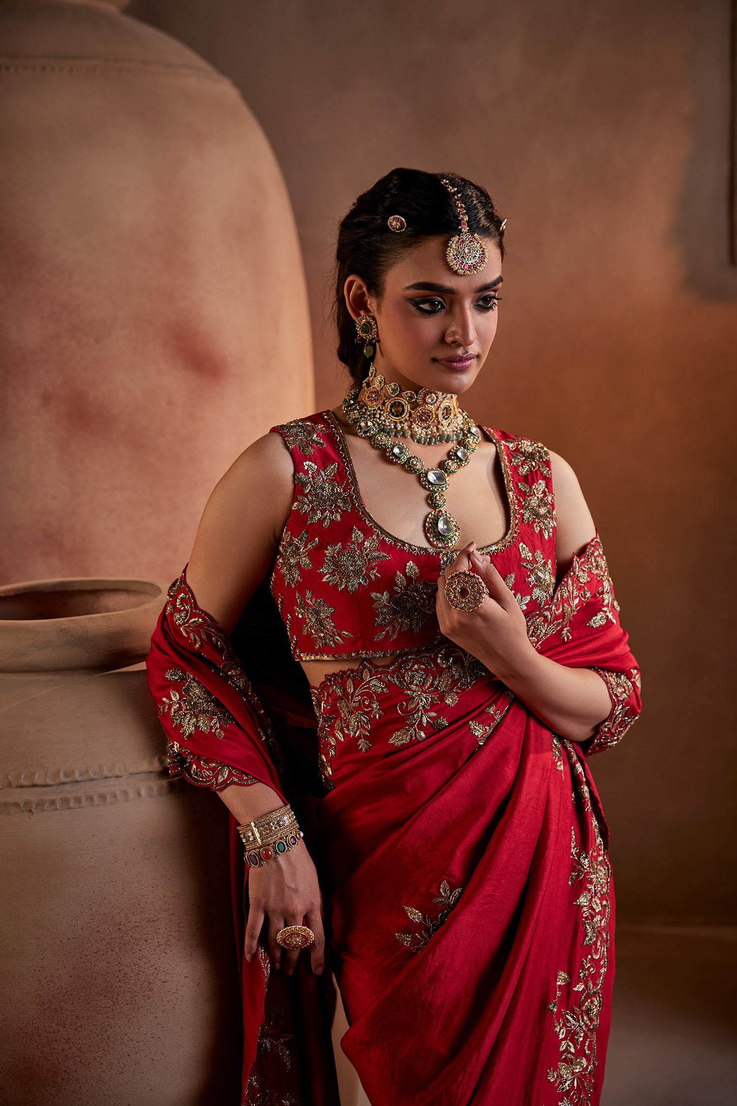 Dark Red Hand Embroidered Silk Saree