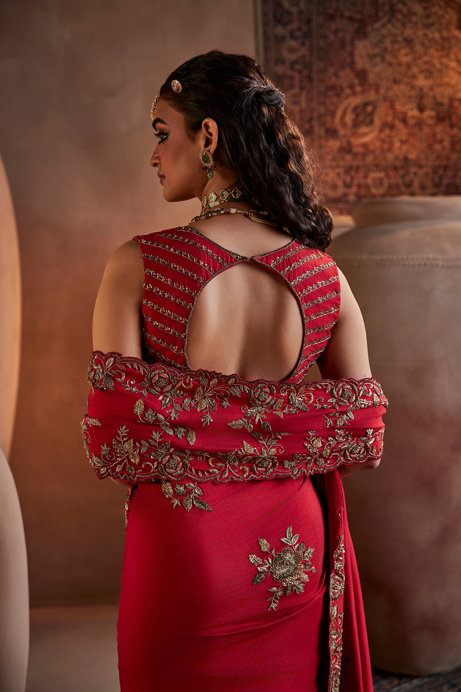 Dark Red Hand Embroidered Silk Saree