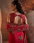 Dark Red Hand Embroidered Silk Saree