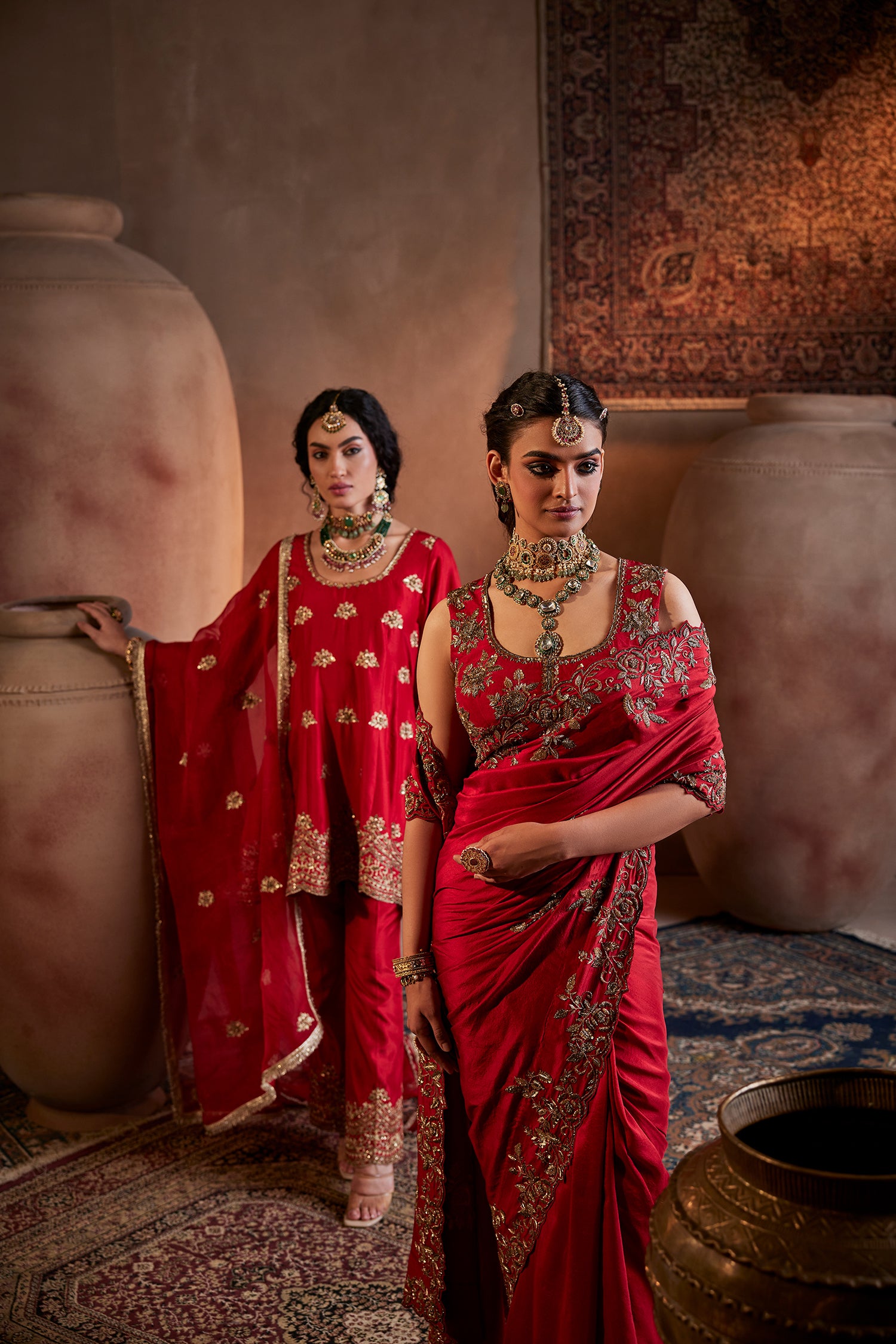 Dark Red Hand Embroidered Silk Saree