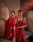 Dark Red Hand Embroidered Silk Saree
