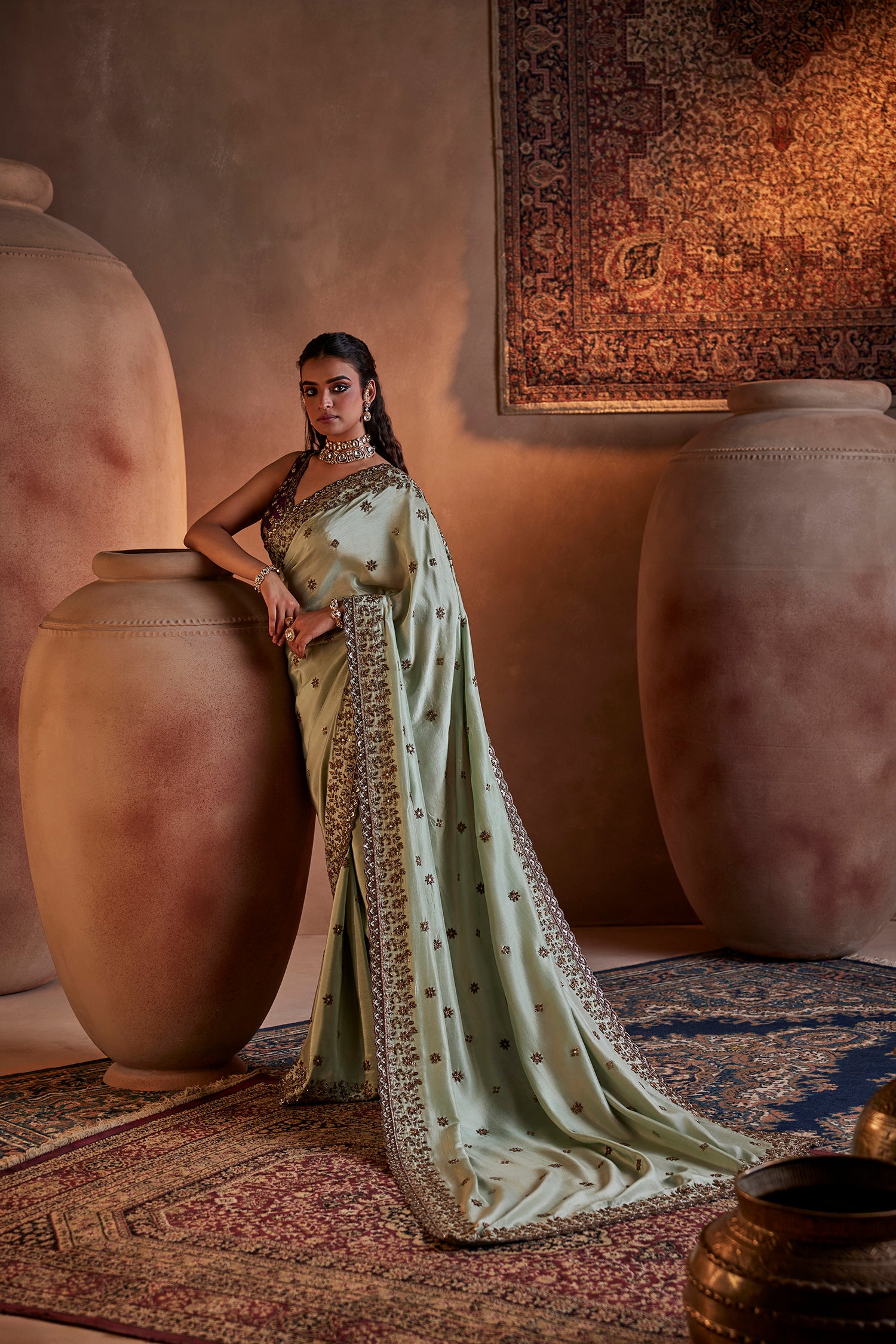 Green Hand Embroidered Silk Saree