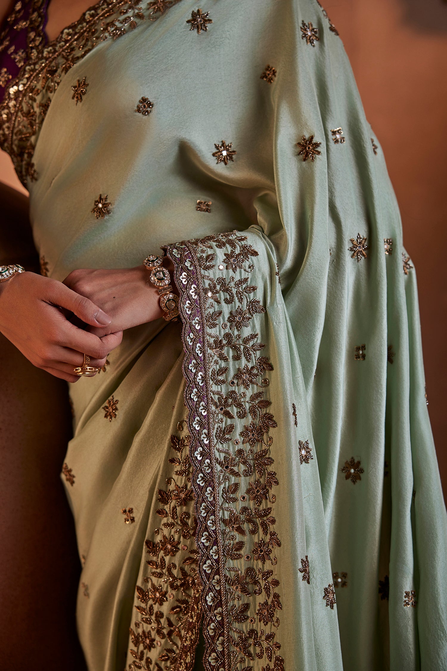 Green Hand Embroidered Silk Saree