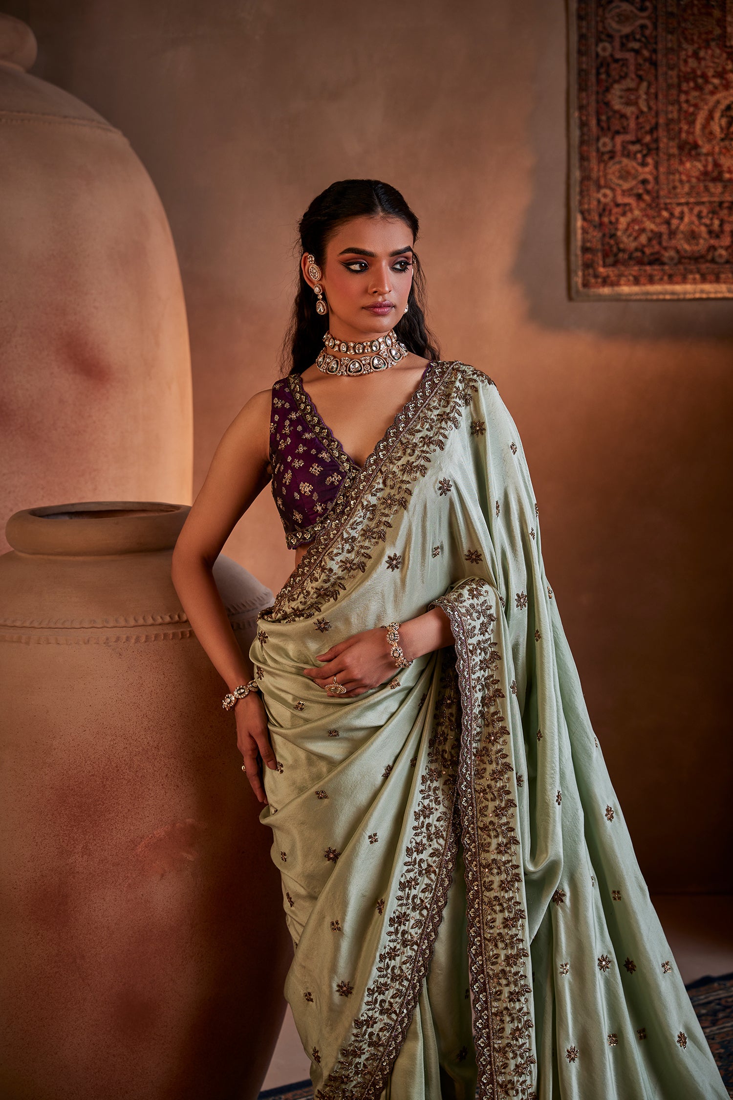 Green Hand Embroidered Silk Saree