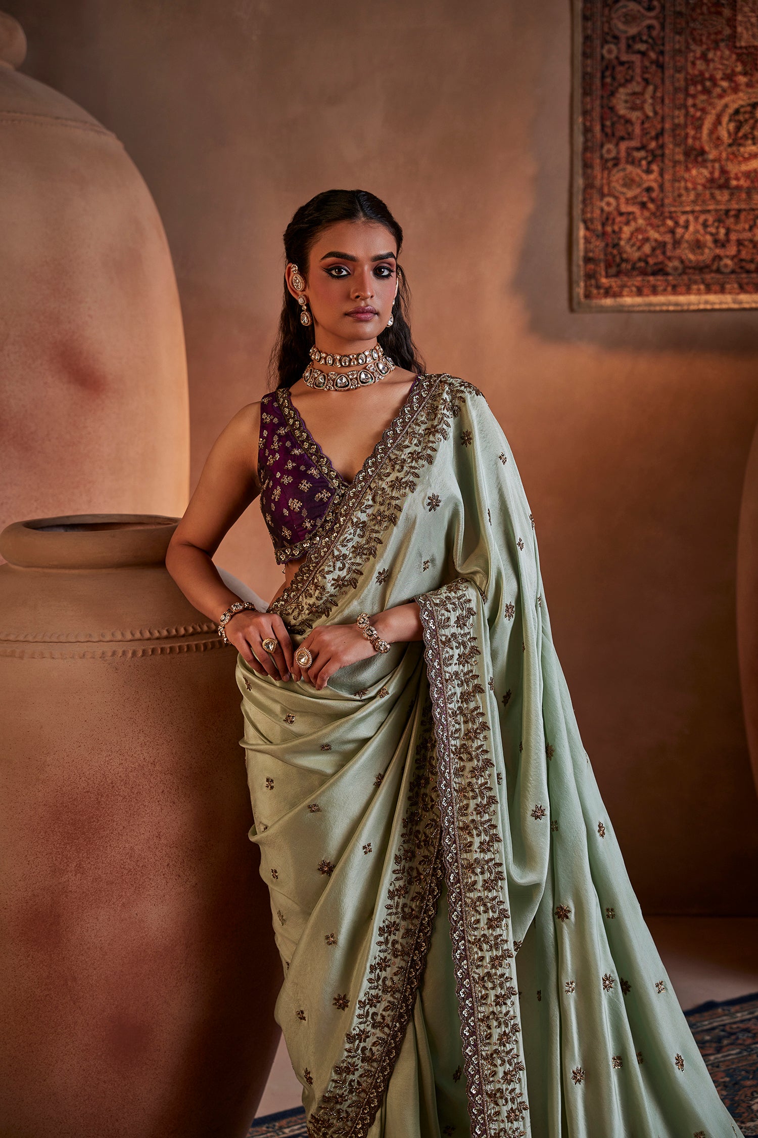 Green Hand Embroidered Silk Saree