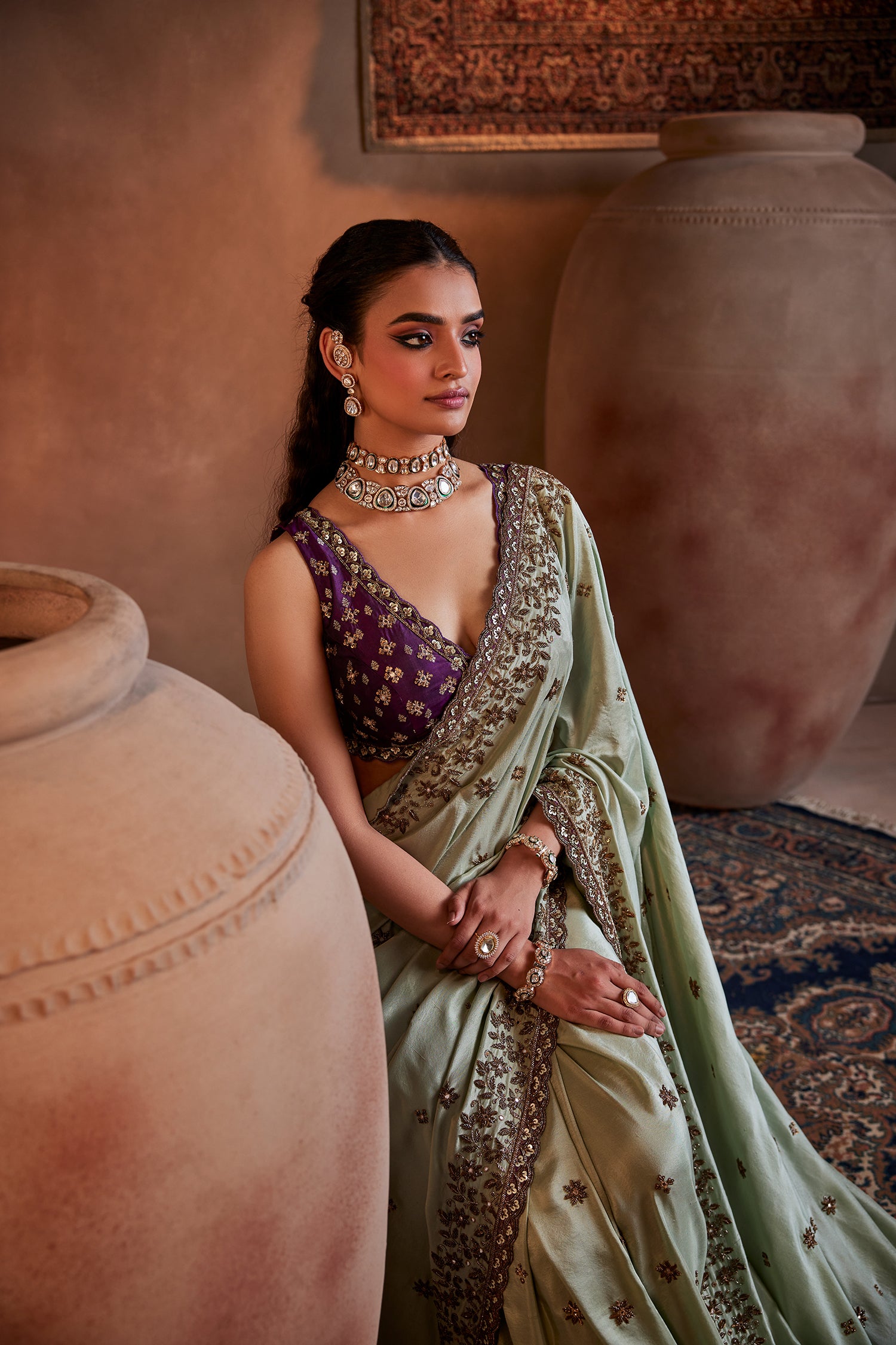 Green Hand Embroidered Silk Saree