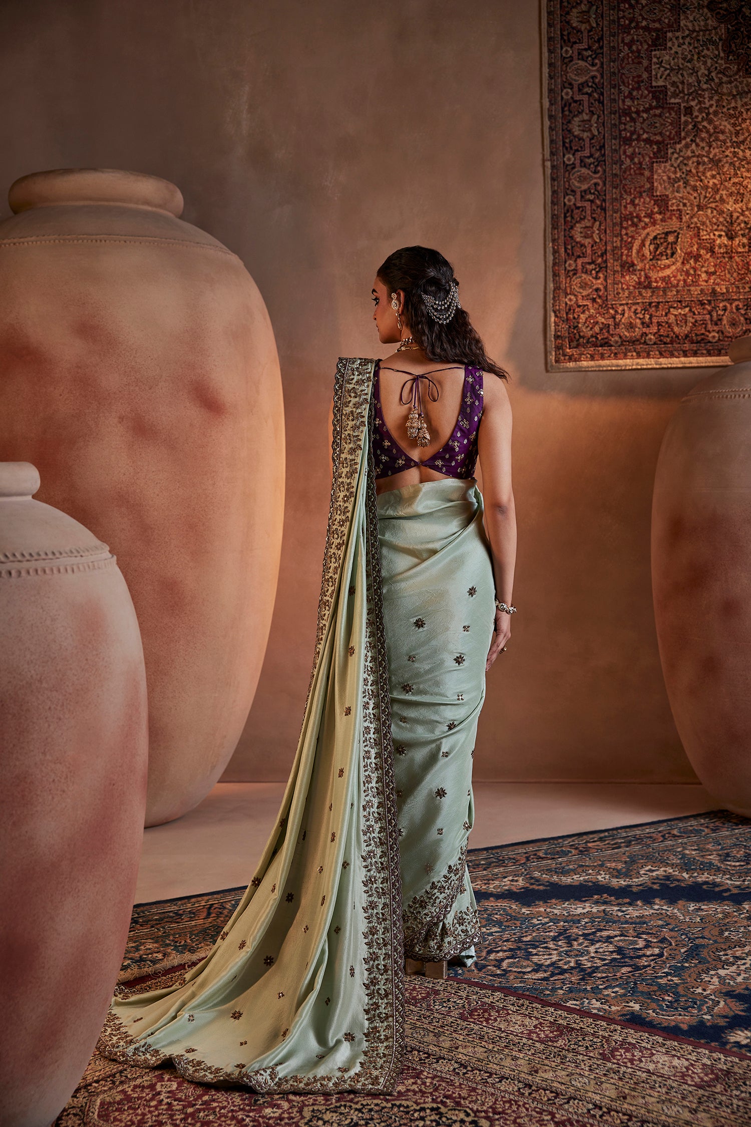 Green Hand Embroidered Silk Saree