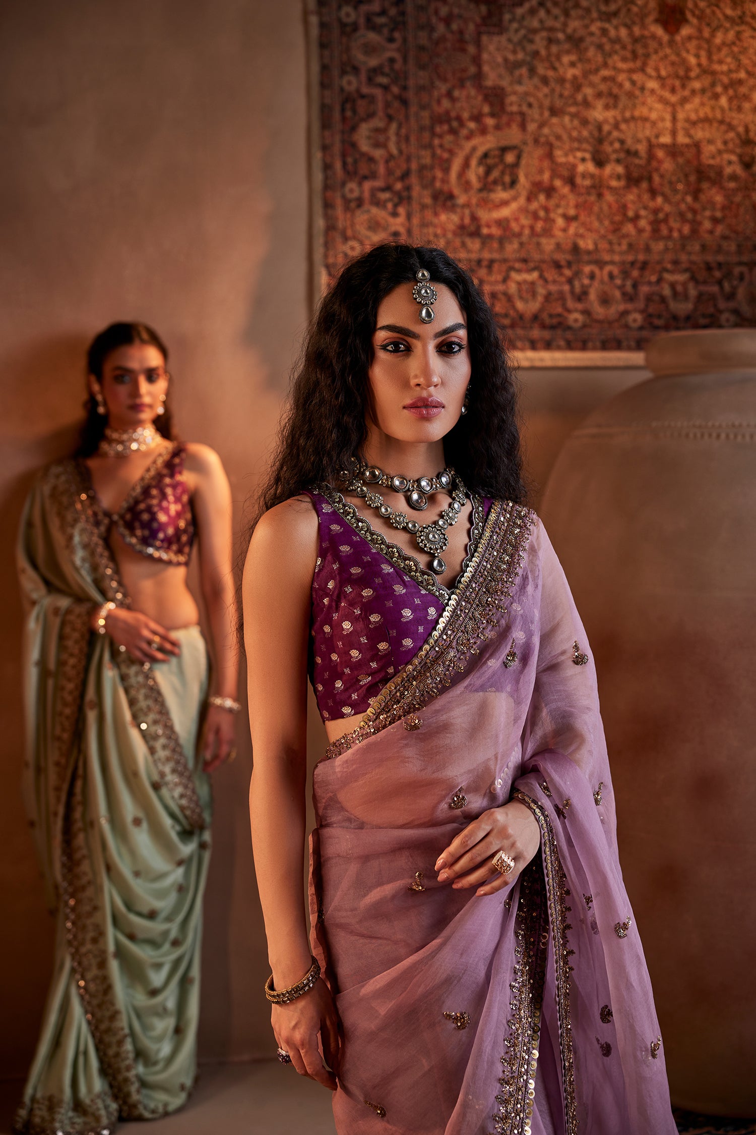 Purple Hand Embroidered Organza Saree