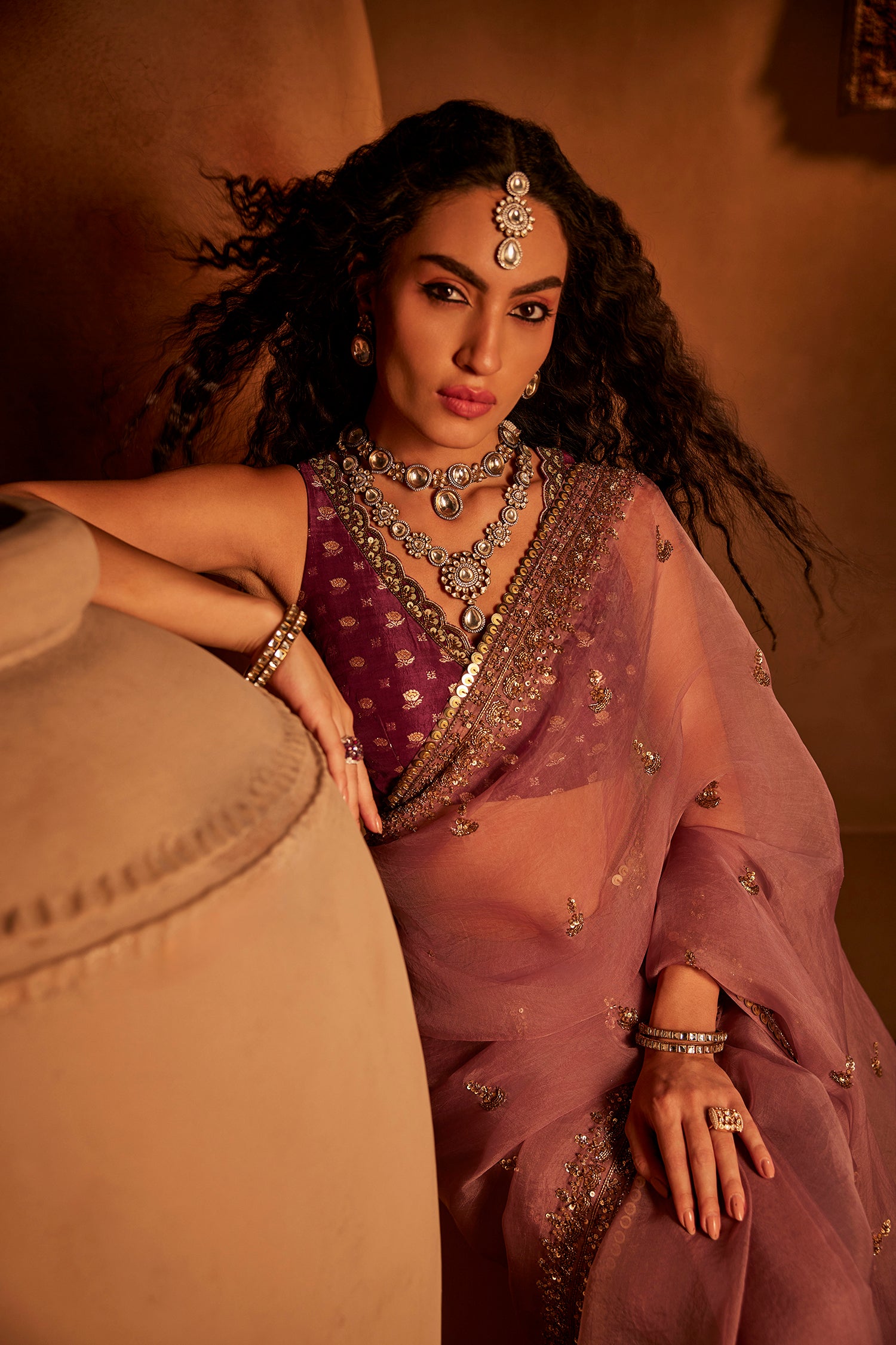 Purple Hand Embroidered Organza Saree