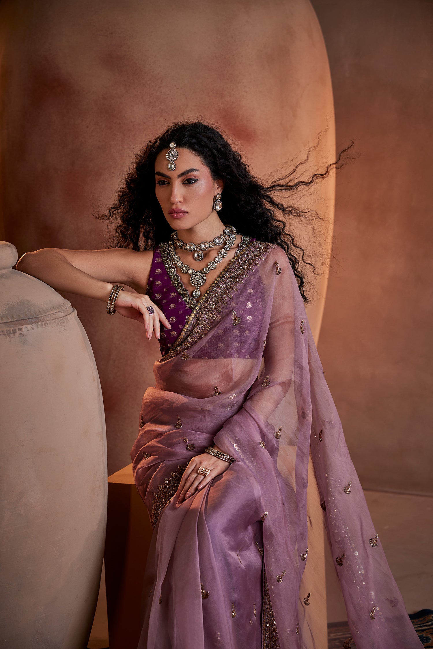 Purple Hand Embroidered Organza Saree